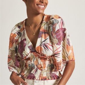 AnthropologIE NEW Plunging V-Neck Smoked Kimono Blouse Size XS
